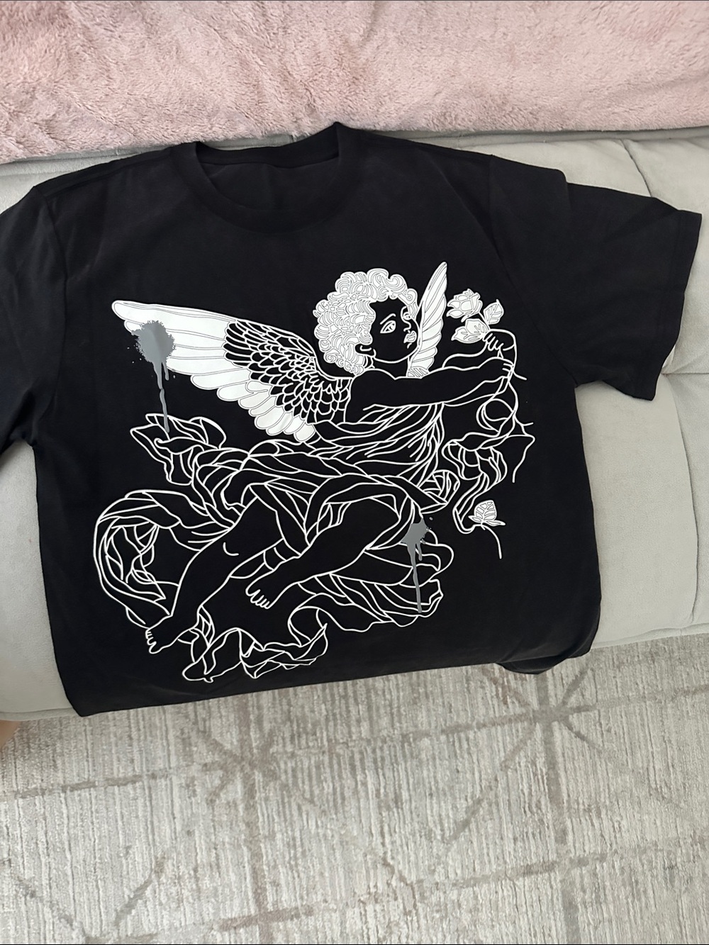 Palm Angels Black Tee with White Cherub Graphic